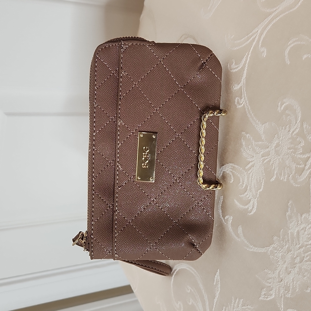BCBG Paris clutch wristlet tan and gold